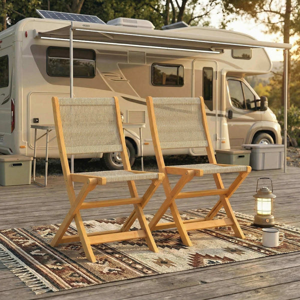 Lot de 2 Chaises de Jardin Pliantes en Bois d'Acacia FSC - Chaises de Balcon avec Dossier et Assise en Corde Tressée - Gain de Place, Aucun Assemblage Requis, Naturel et Beige