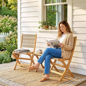 Lot de 2 Chaises de Jardin Pliantes en Bois d'Acacia FSC - Chaises de Balcon avec Dossier et Assise en Corde Tressée - Gain de Place, Aucun Assemblage Requis, Naturel et Beige
