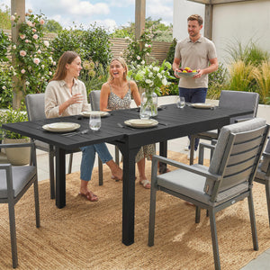 Table de jardin extensible pour 4 à 6 personnes, 160/80 x 80 x 75 cm, table à manger extérieure en aluminium avec plateau à lattes, pieds en acier, pour terrasse, balcon, patio, noir