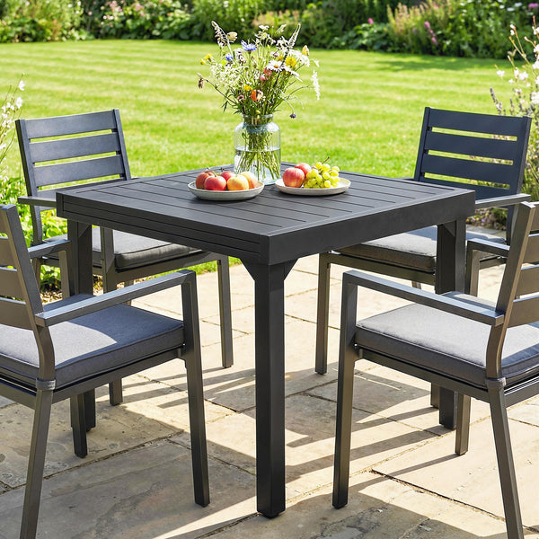 Table de jardin extensible pour 4 à 6 personnes, 160/80 x 80 x 75 cm, table à manger extérieure en aluminium avec plateau à lattes, pieds en acier, pour terrasse, balcon, patio, noir
