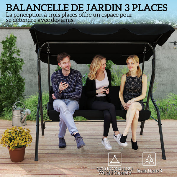 Balancelle de Jardin 3 Places Toit imperméabilisé Inclinaison réglable Coussins Assise Dossier 1,7L x 1,1l x 1,53H m Acier Polyester Noir