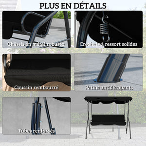 Balancelle de Jardin 3 Places Toit imperméabilisé Inclinaison réglable Coussins Assise Dossier 1,7L x 1,1l x 1,53H m Acier Polyester Noir
