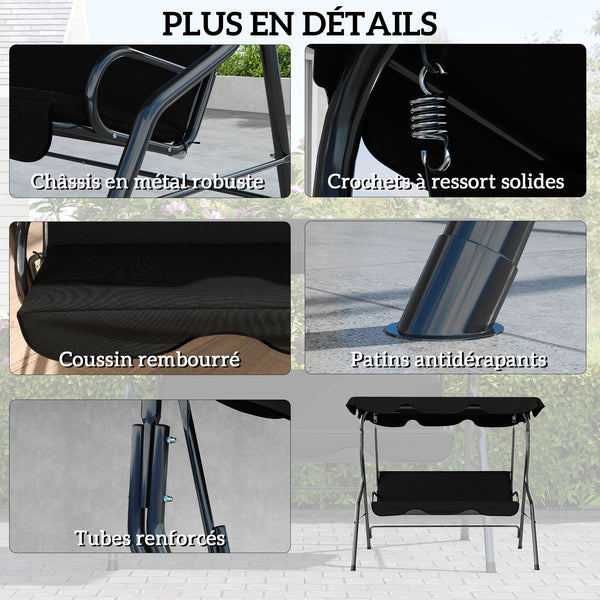 Balancelle de Jardin 3 Places Toit imperméabilisé Inclinaison réglable Coussins Assise Dossier 1,7L x 1,1l x 1,53H m Acier Polyester Noir