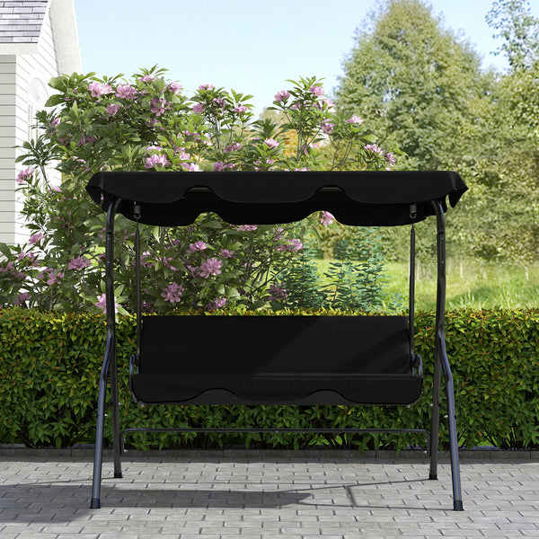 Balancelle de Jardin 3 Places Toit imperméabilisé Inclinaison réglable Coussins Assise Dossier 1,7L x 1,1l x 1,53H m Acier Polyester Noir