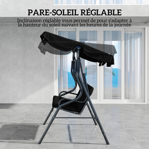 Balancelle de Jardin 3 Places Toit imperméabilisé Inclinaison réglable Coussins Assise Dossier 1,7L x 1,1l x 1,53H m Acier Polyester Noir