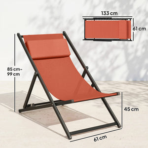 Lot de 2 bain de soleil, chaise longue pliante avec appuie-tête en textilène, transat jardin extérieur inclinable de plage camping piscine terrasse, 60 x 100 x 85 cm, rouge brique