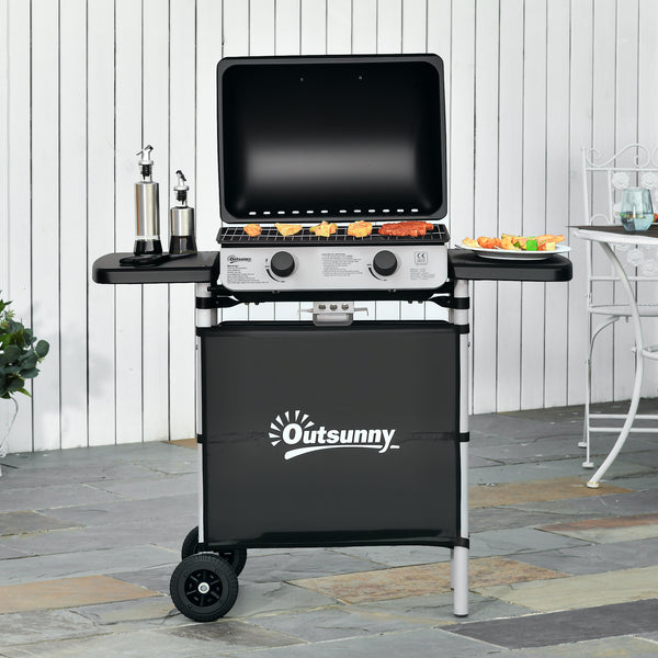 Barbecue gaz 2 brûleurs en acier inoxydable, puissance 2,8 kW, barbecue de jardin 2 grilles en chromé, 2 étagères latérales, 2 roues, pour camping, balcon et terrasse, noir