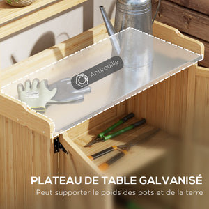 Table de rempotage table de jardinage style rustique avec placard et étagères et plateau galvanisé patins antidérapants en bois sapin pré-huilé dim. 90,5L x 41l x 124,5H cm jaune