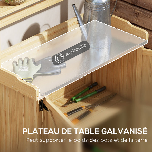 Table de rempotage table de jardinage style rustique avec placard et étagères et plateau galvanisé patins antidérapants en bois sapin pré-huilé dim. 90,5L x 41l x 124,5H cm jaune
