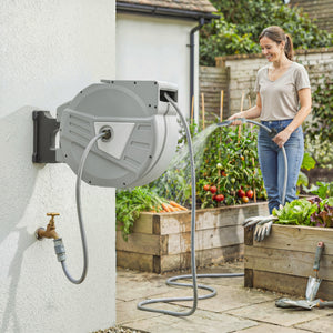 Enrouleur Tuyau Arrosage Mural 40+2 m Pivotant à 180°, Dévidoir de Tuyaux d'Eau, Buse 2 Modes, Rembobinage Auto et Progressif avec Verrou, Adaptateurs, pour Jardin, Lavage de Voiture, Gris