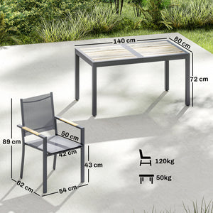 Ensemble Salle à Manger Extérieur 7 Pièces, Table et 6 Chaises Empilables, Plateau Faux Bois, Maille Respirante, Gris Foncé