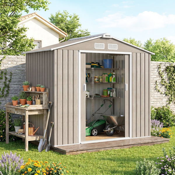 Abri de jardin en métal 2,77 m² cabane de jardin 213 x 130 x 185 cm cabanon rangement outils avec kit de fondation, porte coulissante verrouillables et 4 aérations - marron clair