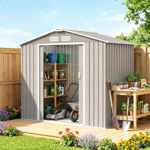 Abri de jardin en métal 2,77 m² cabane de jardin 213 x 130 x 185 cm cabanon rangement outils avec kit de fondation, porte coulissante verrouillables et 4 aérations - marron clair