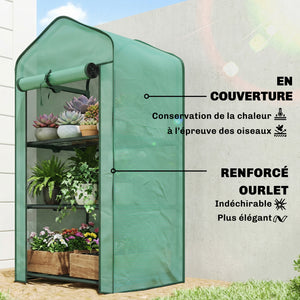 Serre de jardin avec étagères 3 niveaux, serre de balcon, bâche renforcée PE, châssis en acier, porte zippée enroulable, pour légumes plantes fleurs, 59 x 39 x 127 cm, vert