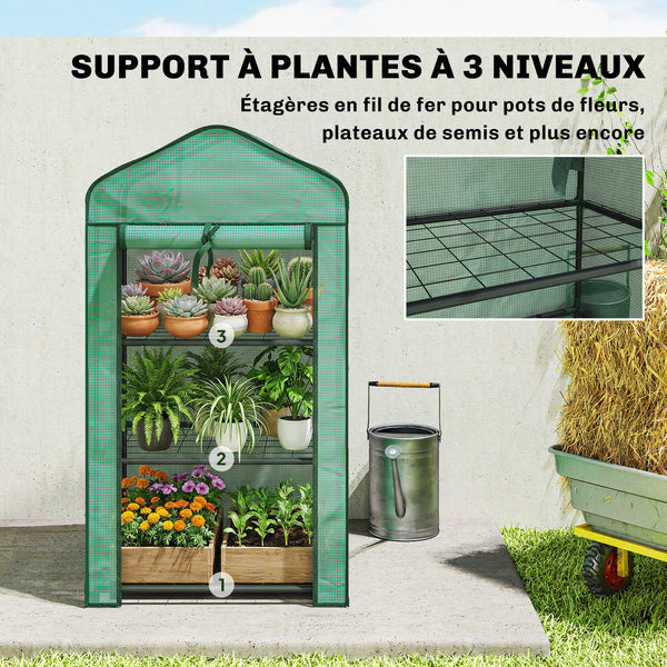 Serre de jardin avec étagères 3 niveaux, serre de balcon, bâche renforcée PE, châssis en acier, porte zippée enroulable, pour légumes plantes fleurs, 59 x 39 x 127 cm, vert