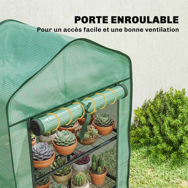 Serre de jardin avec étagères 3 niveaux, serre de balcon, bâche renforcée PE, châssis en acier, porte zippée enroulable, pour légumes plantes fleurs, 59 x 39 x 127 cm, vert