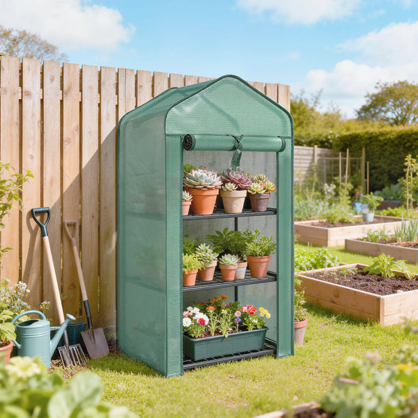 Serre de jardin avec étagères 3 niveaux, serre de balcon, bâche renforcée PE, châssis en acier, porte zippée enroulable, pour légumes plantes fleurs, 59 x 39 x 127 cm, vert