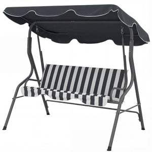 Balancelle de Jardin 3 Places Toit imperméabilisé Inclinaison réglable Coussins Assise Dossier 1,7L x 1,1l x 1,53H m Acier Polyester gris blanc rayé