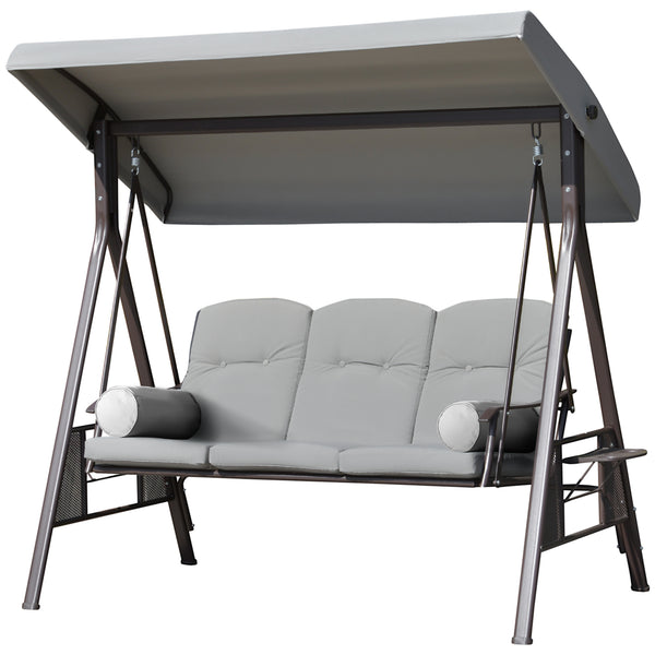 Balancelle de jardin 3 places grand confort toit inclinaison réglable coussins plateaux rétractables polyester filé gris clair