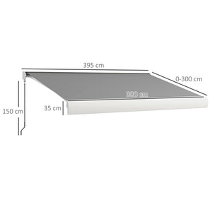 Store banne motorisé, store banne électrique, 4 x 3 m, angle réglable 14°-30°, avec télécommande et manivelle manuelle, en aluminium et polyester de 270g/m² protection solaire, gris clair