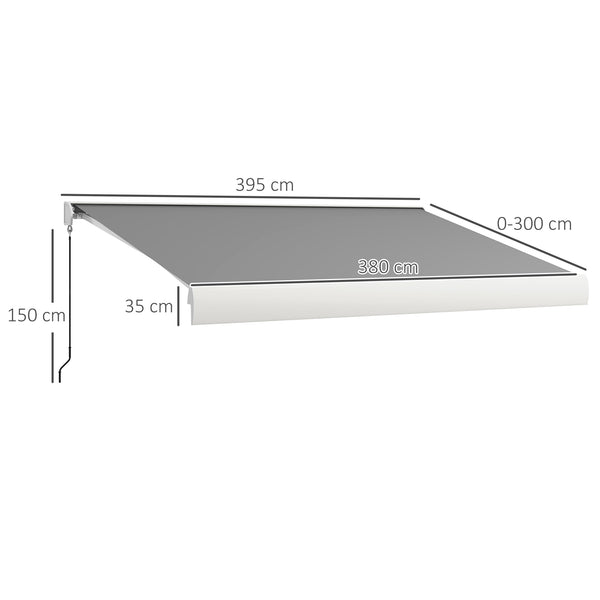 Store banne motorisé, store banne électrique, 4 x 3 m, angle réglable 14°-30°, avec télécommande et manivelle manuelle, en aluminium et polyester de 270g/m² protection solaire, gris clair