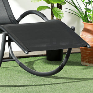 Chaise longue à bascule, transat de jardin ergonomique, bain de soleil, avec tétière, rocking chair, textilène, utilisation extérieure intérieure, noir