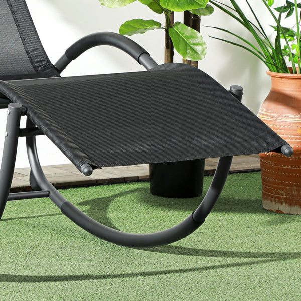 Chaise longue à bascule, transat de jardin ergonomique, bain de soleil, avec tétière, rocking chair, textilène, utilisation extérieure intérieure, noir