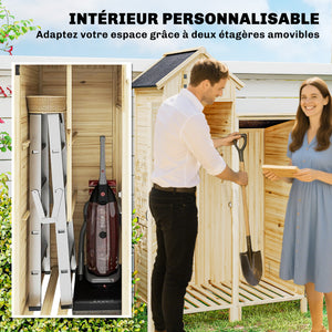 Armoire de Jardin en Bois avec Toit en Asphalte - Abri de Jardin Robuste à Double Zone et Étagères Amovibles - Rangement Outils Jardin avec Fenêtre pour Terrasse et Cour, Naturel