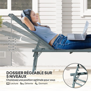 Lot de 2 bain de soleil, chaise longue pliante en textilène, transat jardin extérieur inclinable de plage, relax, camping, piscine, terrasse, 54 x 164 x 84 cm, gris clair