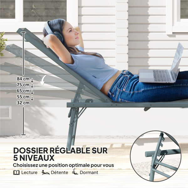 Lot de 2 bain de soleil, chaise longue pliante en textilène, transat jardin extérieur inclinable de plage, relax, camping, piscine, terrasse, 54 x 164 x 84 cm, gris clair