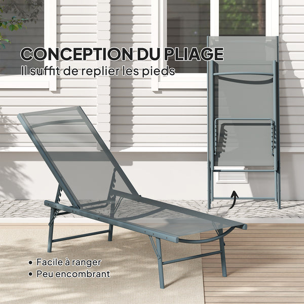 Lot de 2 bain de soleil, chaise longue pliante en textilène, transat jardin extérieur inclinable de plage, relax, camping, piscine, terrasse, 54 x 164 x 84 cm, gris clair