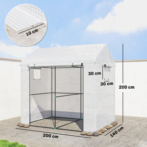 Serre de jardin PE, serre de balcon, bâche renforcée 135 g/m², châssis en acier, porte zippée enroulable, pour légumes plantes fleurs, intérieur et extérieur, 200 x 140 x 200 cm, blanc