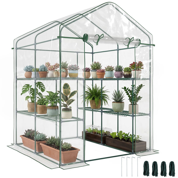 Serre de jardin avec étagères 3 niveaux, serre de balcon, châssis en acier, porte zippée enroulable, pour légumes plantes fleurs, intérieur et extérieur, 143x143x195cm, transparent