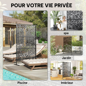 Panneau Brise Vue décoratif Extérieur Claustra Décoratif Jardin 3 Panneaux à motif floral paravent extérieur avec support en Acier galvanisé 122 x 45 x 198 cm, Noir