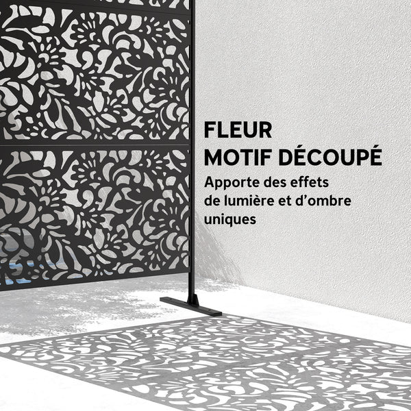 Panneau Brise Vue décoratif Extérieur Claustra Décoratif Jardin 3 Panneaux à motif floral paravent extérieur avec support en Acier galvanisé 122 x 45 x 198 cm, Noir