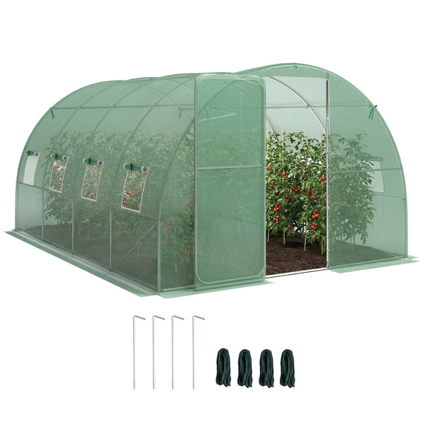 Serre tunnel de jardin 12m², serre de jardin tunnel 295x400x200cm avec cadre en acier galvanisé, porte et 8 fenêtres, pour extérieur, toutes saisons, bâche PE haute densité 140 g/m² vert