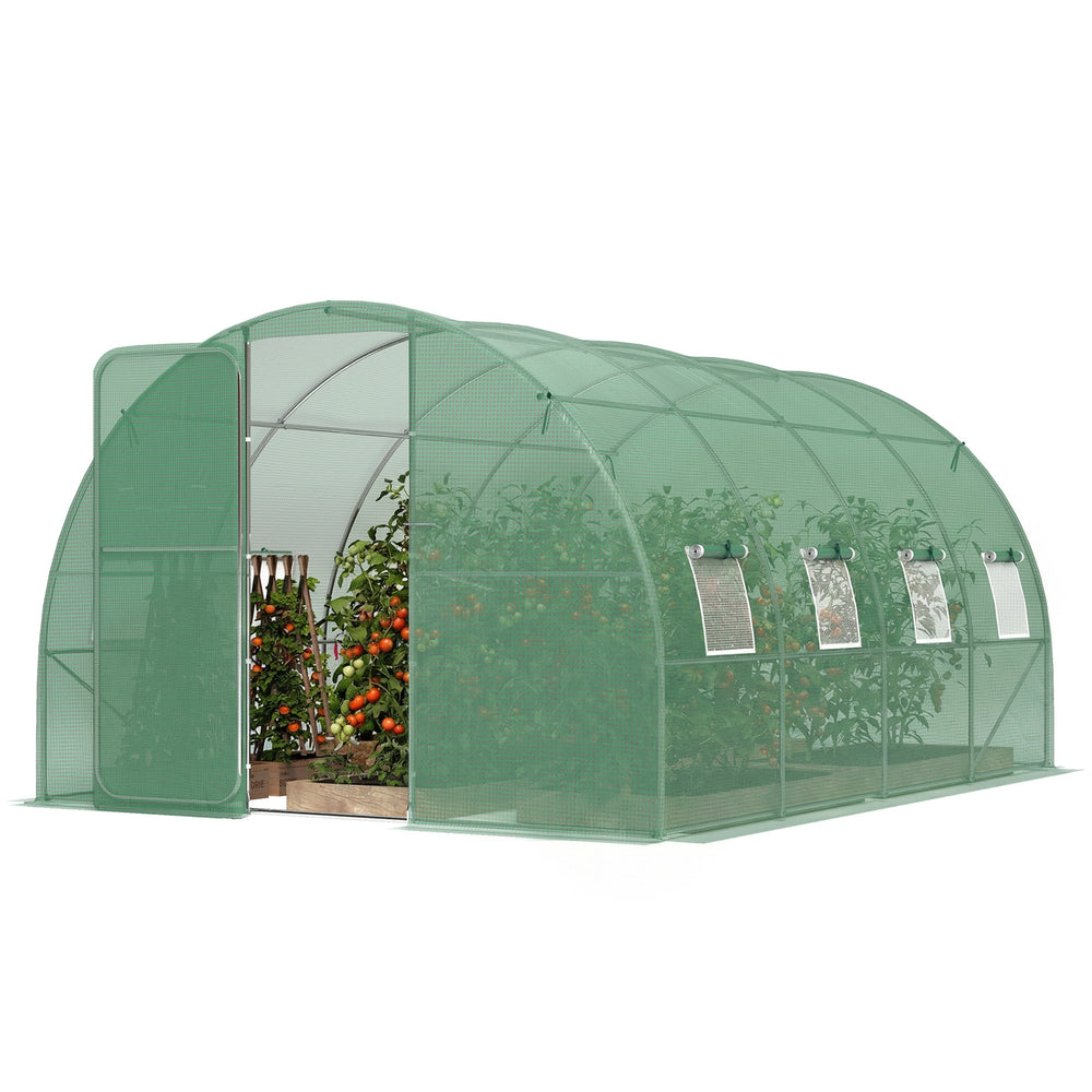 Serre tunnel de jardin 12m², serre de jardin tunnel 295x400x200cm avec cadre en acier galvanisé, porte et 8 fenêtres, pour extérieur, toutes saisons, bâche PE haute densité 140 g/m² vert