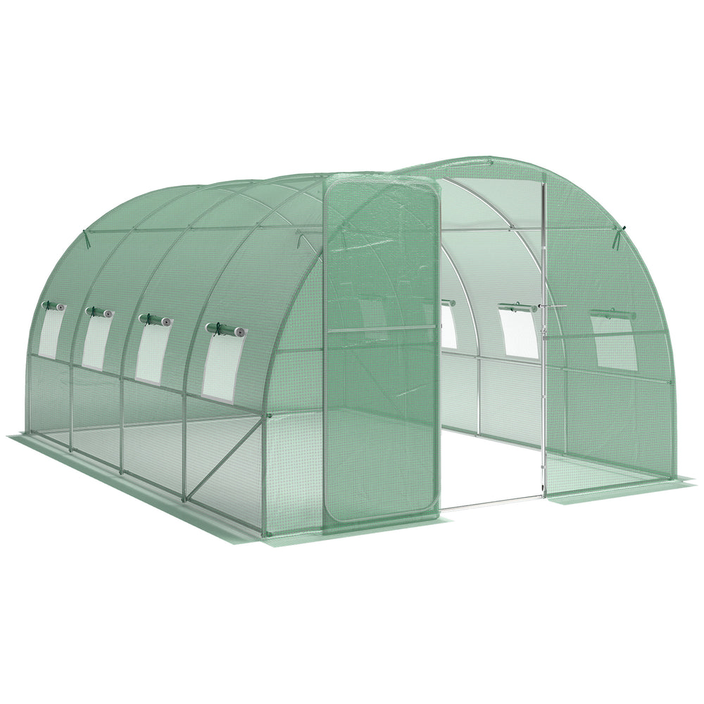 Serre tunnel de jardin 12m², serre de jardin tunnel 295x400x200cm avec cadre en acier galvanisé, porte et 8 fenêtres, pour extérieur, toutes saisons, bâche PE haute densité 140 g/m² vert