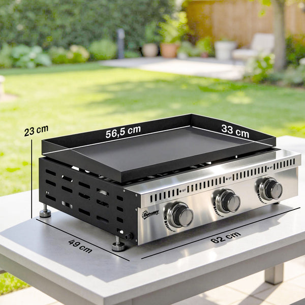 Plancha gaz 9 kW 3 brûleurs en acier inoxydable, surface cuisson 56,5 x 33 cm avec bac de récupération des graisses, propane/butane/GPL, portable pour camping, pique-nique et terrasse, noir