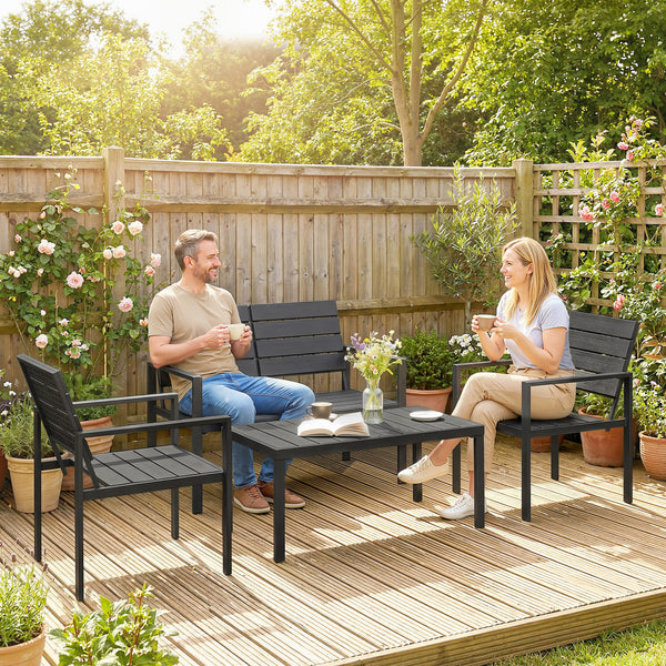 Salon de jardin extérieur 4 pièces avec canapé 2 places, 2 chaises et table basse, mobilier de jardin terrasse veranda, noir