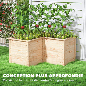 Jardinière en forme de L, lit surélevé de jardin, jardinière extérieure à fond ouvert, bac à fleurs en bois pour terrasse patio, 120 x 120 x 62 cm, bois naturel