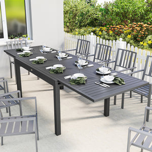 Table de Jardin Extensible pour 6 à 10 Personnes, Table de Salle à Manger Extérieure en Aluminium avec Plateau à Lattes, Patins Réglables, 270/135 x 90 x 75 cm, Gris Foncé