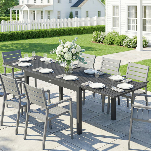Table de Jardin Extensible pour 6 à 10 Personnes, Table de Salle à Manger Extérieure en Aluminium avec Plateau à Lattes, Patins Réglables, 270/135 x 90 x 75 cm, Gris Foncé