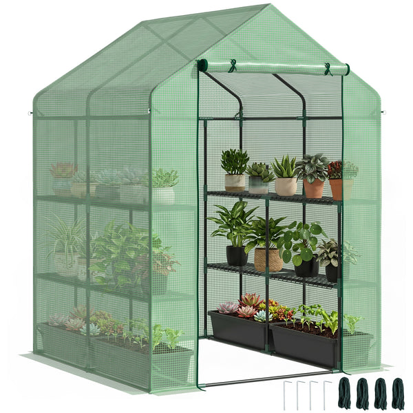 Serre de Jardin avec Étagères 3 Niveaux, Petite Serre de Balcon en Bâche PE 140 g/㎡ Renforcée et Châssis Acier, pour Légumes et Fleurs, Intérieur et Extérieur, 143 x 138 x 190 cm, Vert