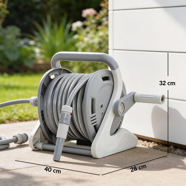 Enrouleur Tuyau Arrosage Mural 20+2 m x Ø 15 mm, Dévidoir de Tuyaux d'Eau Portable, Buse à 2 Modes, Manivelle, pour Pelouse, Garage, Lavage de Voiture et Arrosage, Gris