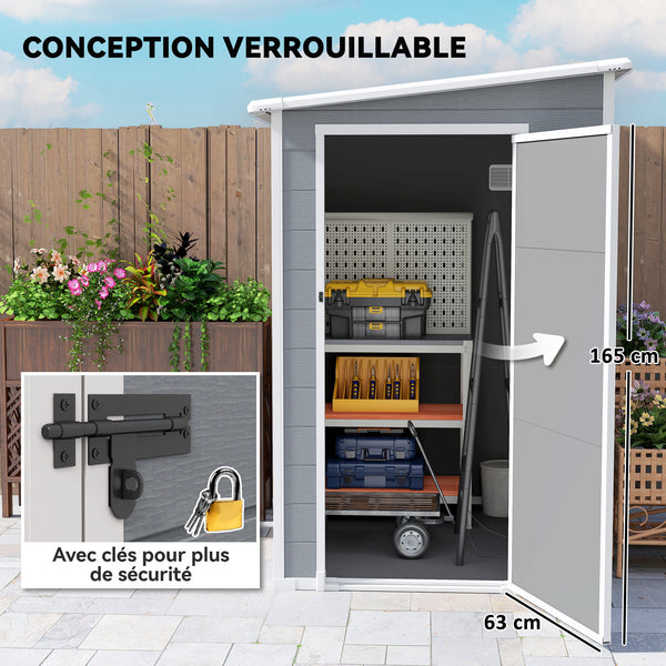 Abri de jardin 1,54 m² cabane de jardin pour outils - porte verrouillable, aération et fenêtre - dim. 122L x 149l x 192/177H cm - aluminium et PP, gris