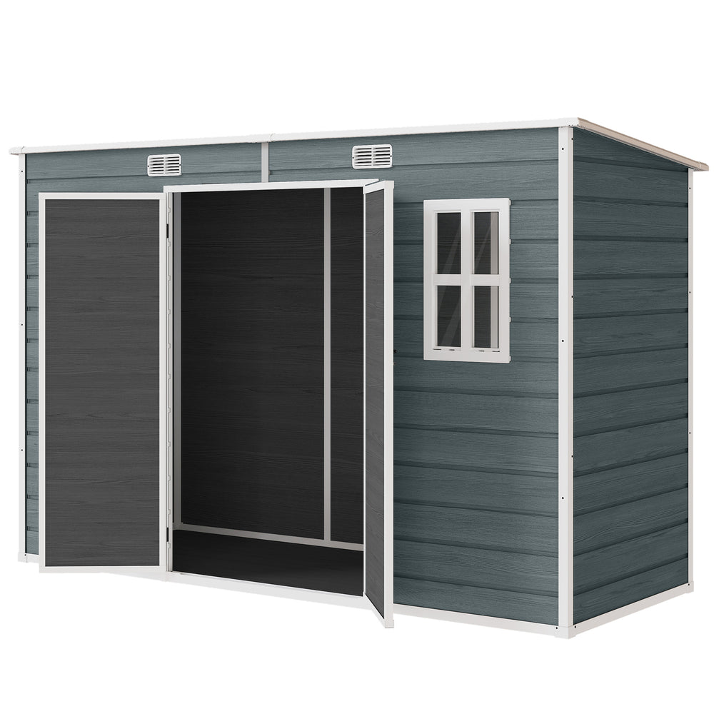 Abri de jardin en plastique  10 x 4 pieds, avec plancher, grandes fenêtres, portes verrouillables et aérations, pour outils, vélos, générateur, effet bois gris