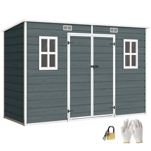 Abri de jardin en plastique  10 x 4 pieds, avec plancher, grandes fenêtres, portes verrouillables et aérations, pour outils, vélos, générateur, effet bois gris