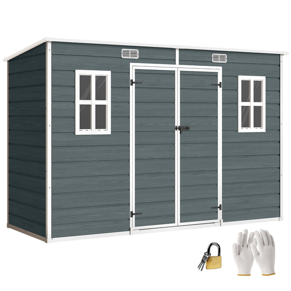 Abri de jardin en plastique  10 x 4 pieds, avec plancher, grandes fenêtres, portes verrouillables et aérations, pour outils, vélos, générateur, effet bois gris
