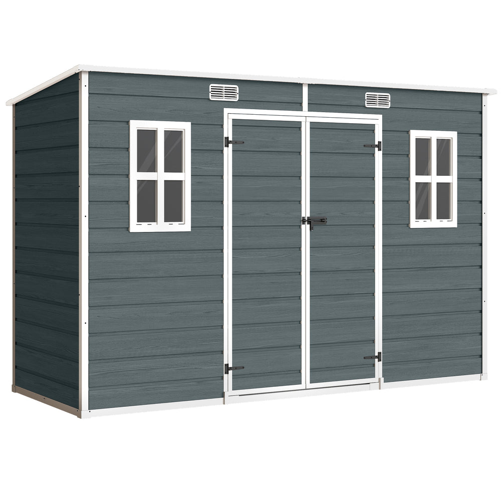 Abri de jardin en plastique  10 x 4 pieds, avec plancher, grandes fenêtres, portes verrouillables et aérations, pour outils, vélos, générateur, effet bois gris